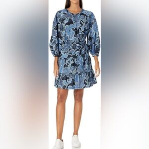 Parker Brand Blue Dress. Tie waist detail puffed sleeve.